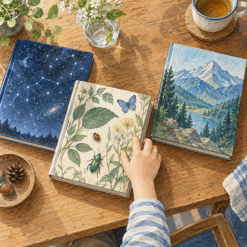 星空・植物と昆虫・山を描いた本から、子どもが一冊を選ぶイメージ