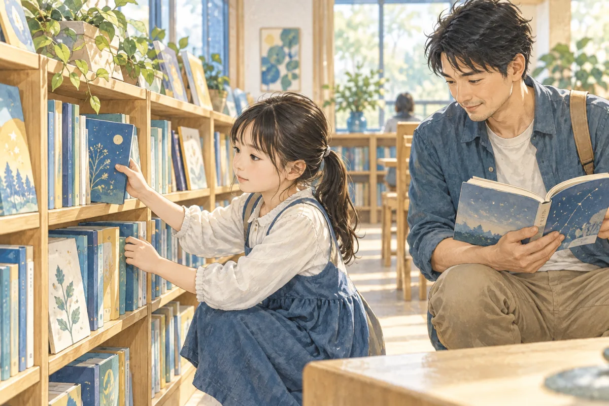 図書館の低い本棚で自分の本を選ぶ子どもと、隣で本を開く父親のイメージ
