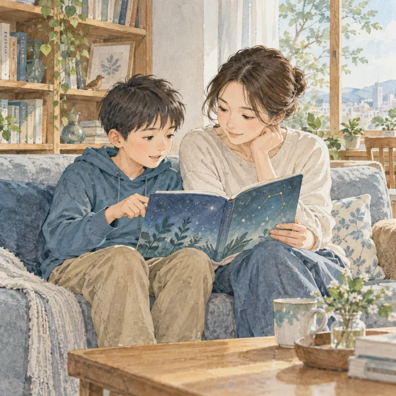 ソファに並んだ親子が同じ本を開き、絵を見ながら話すイメージ