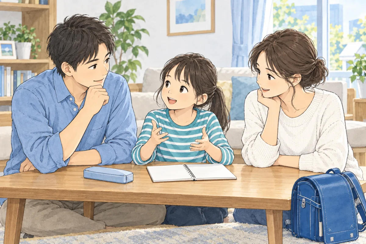 親子で放課後の希望と家庭の予定を話し合うイメージ