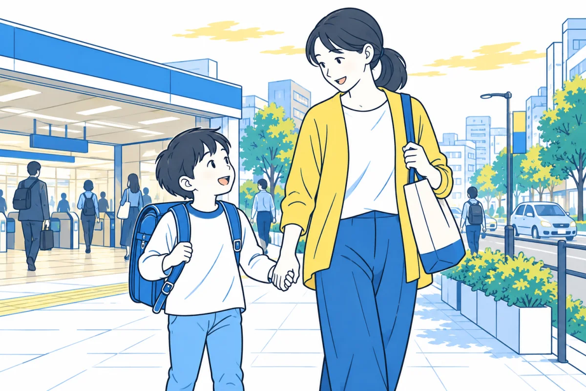 学童のお迎え後、駅のある街並みを親子で歩いて帰るイメージ