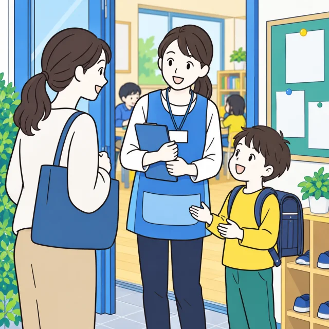 お迎えに来た保護者に子どもとスタッフがその日の様子を伝えるイメージ