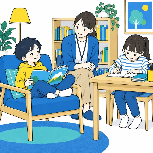 本を読みながら休む子と宿題に取り組む子が、スタッフのいる室内で過ごすイメージ