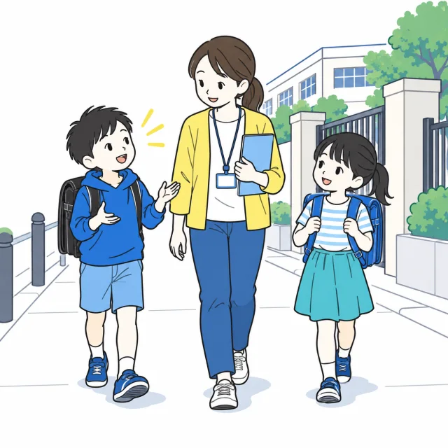 ランドセルを背負った子どもたちとスタッフが歩道を歩くイメージ
