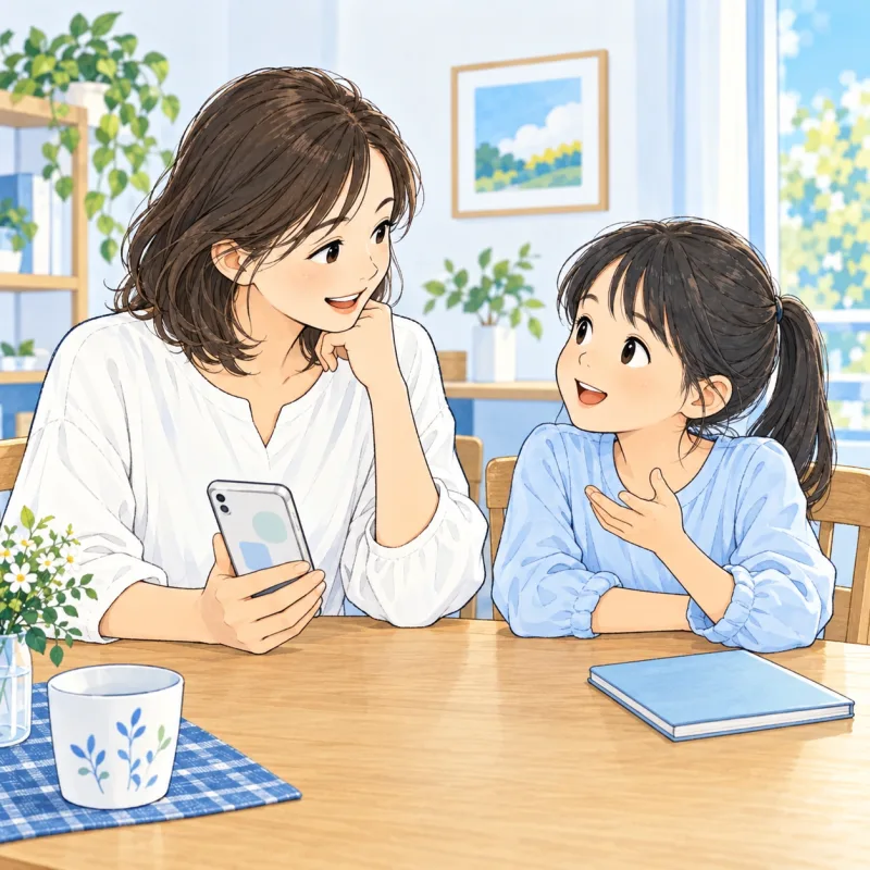 保護者が子どもと連絡内容を確認し今日の出来事を聞く説明用の創作場面