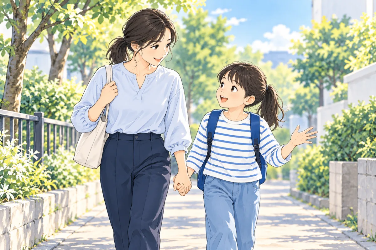親子が帰り道でその日の出来事を話す説明用の創作イラスト。実際の送迎ルートではありません