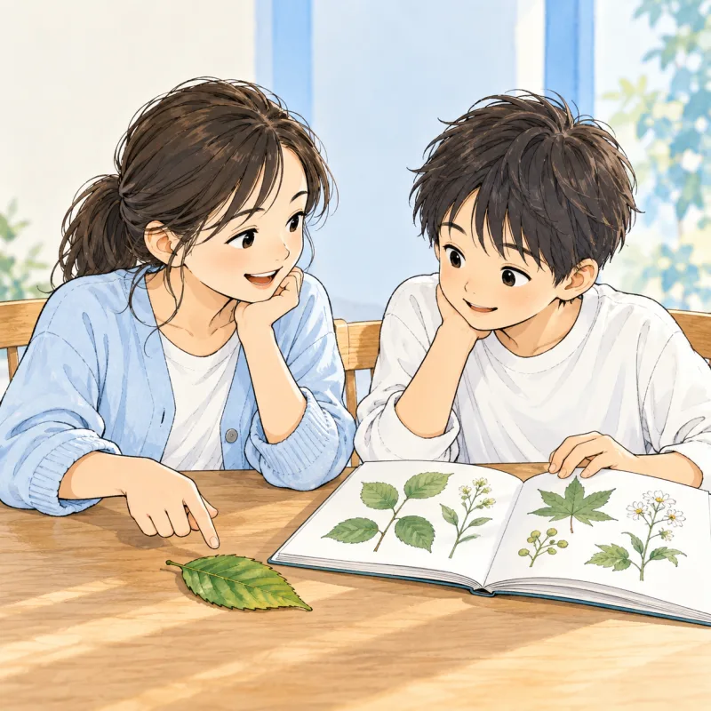 二人の子どもが図鑑の植物と葉を見比べて話す説明用の創作場面