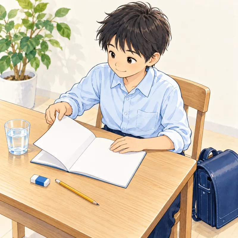 子どもが持ち物を整えノートを開く説明用の創作イラスト