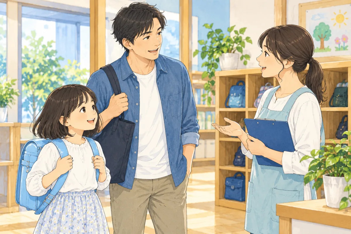 校舎で合流した保護者と子どもがスタッフと話す説明用の創作場面