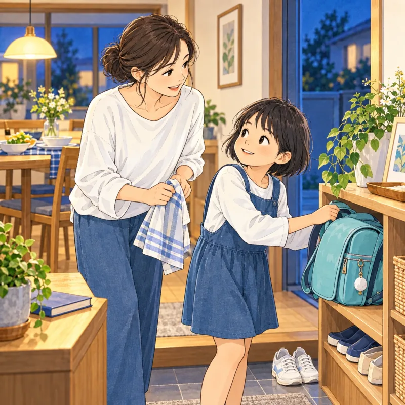夕方に帰宅した親子がランドセルを置いて一息つく創作イラスト
