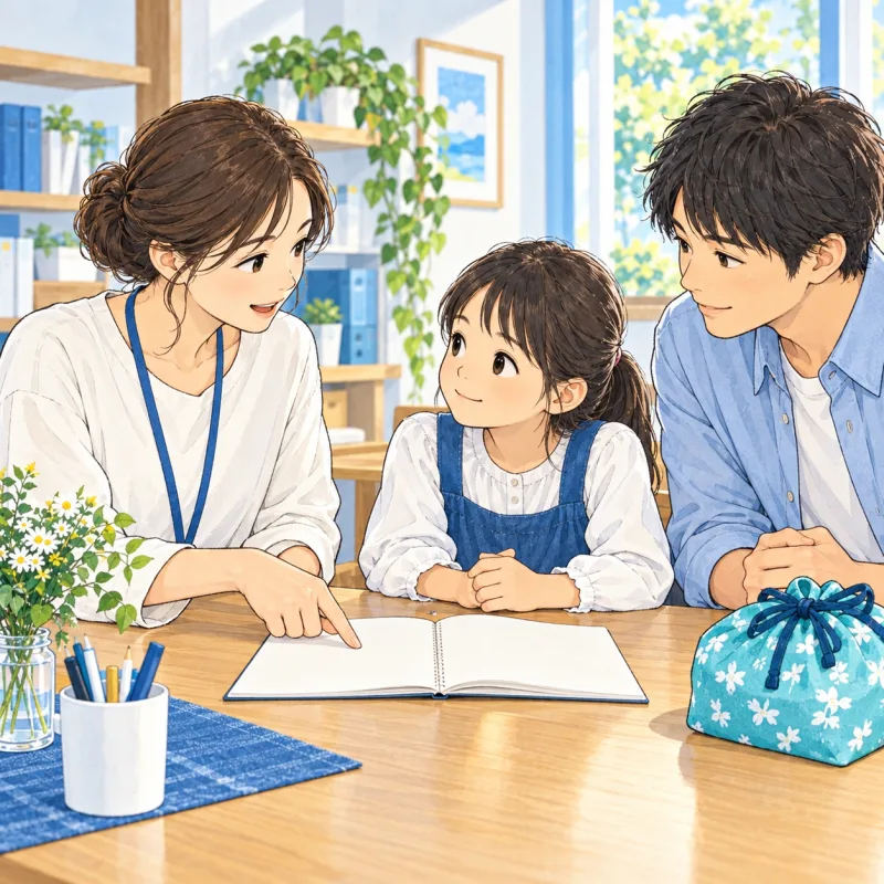 保護者と子どもがスタッフから短い引継ぎを受ける説明用の創作場面