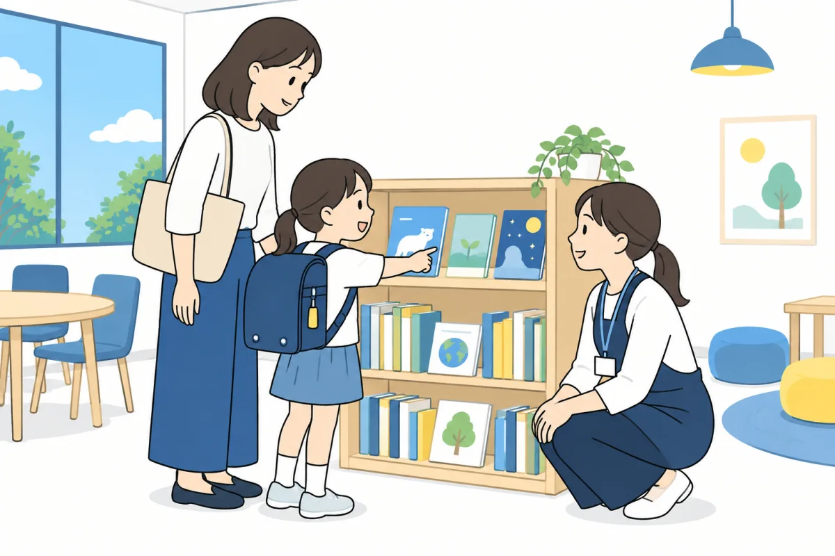 親子で学童を見学し、子どもが本棚に興味を示す説明用イメージ