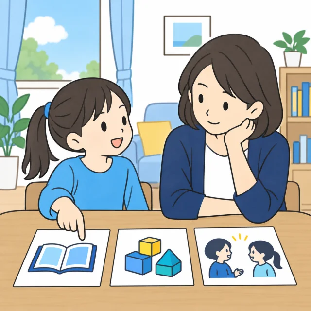 見学後に子どもが気になった活動を指し示し、保護者が話を聞くイメージ