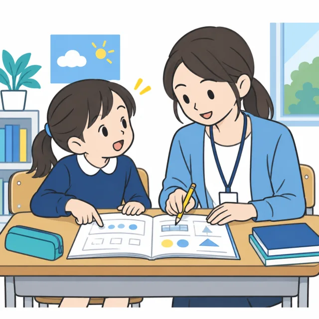 子どもがノートの分からないところを示し、スタッフと考えを整理するイメージ