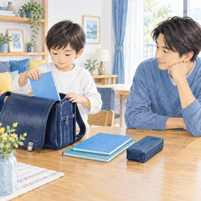 子どもと保護者が、かばんと必要な持ち物を並べて整理するイメージ