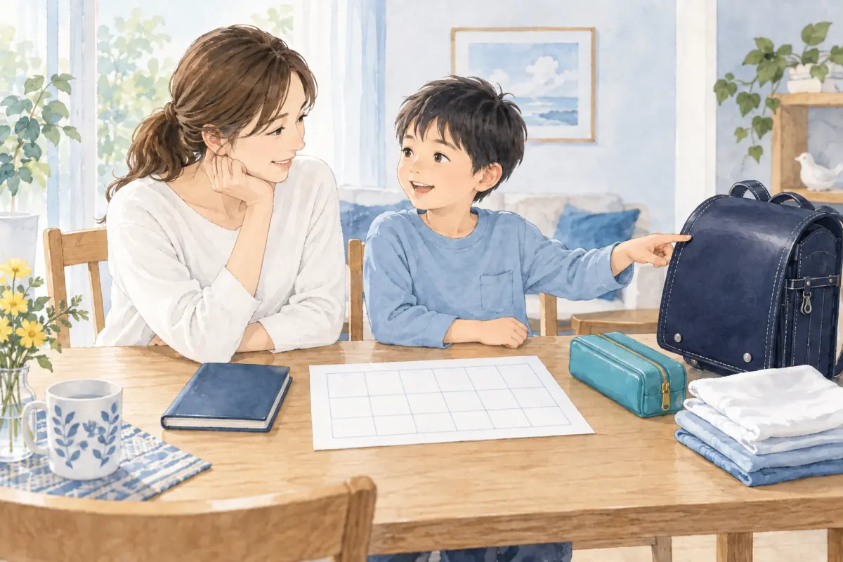 新学期の予定を親子で並べながら、放課後の準備を見直すイメージ