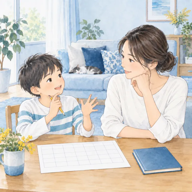 新しい予定を前に、子どもの話を保護者が聞くイメージ
