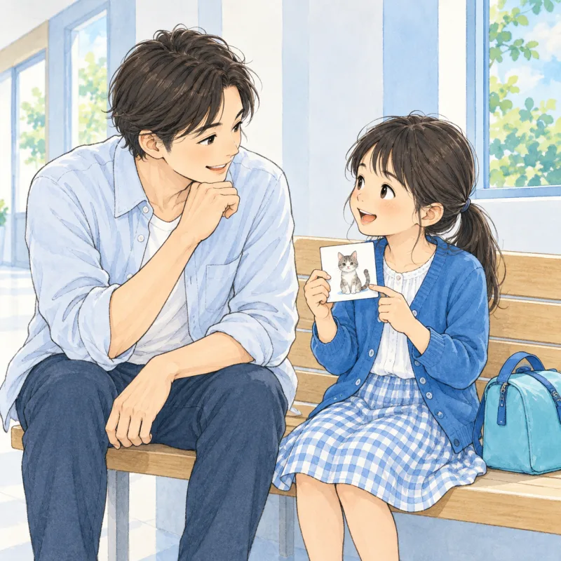 体験後、覚えている場面を父親に話す子どものイメージ