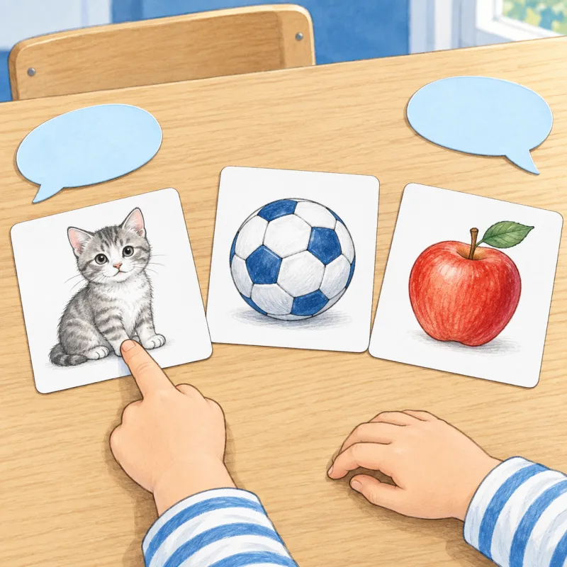 ねこ、ボール、りんごの絵カードを使って、自分の好きなものを伝えるイメージ