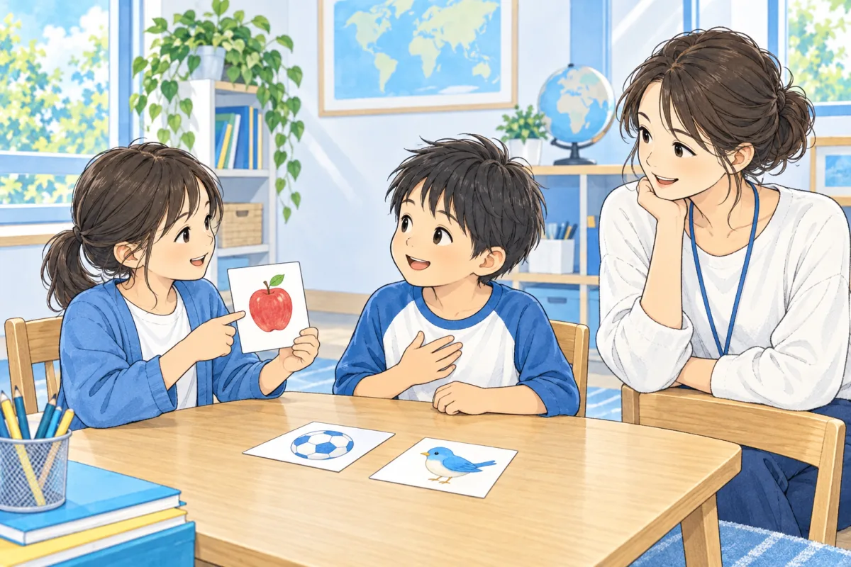 絵カードを手がかりに、自分の答えを伝え合う小学生のイメージ