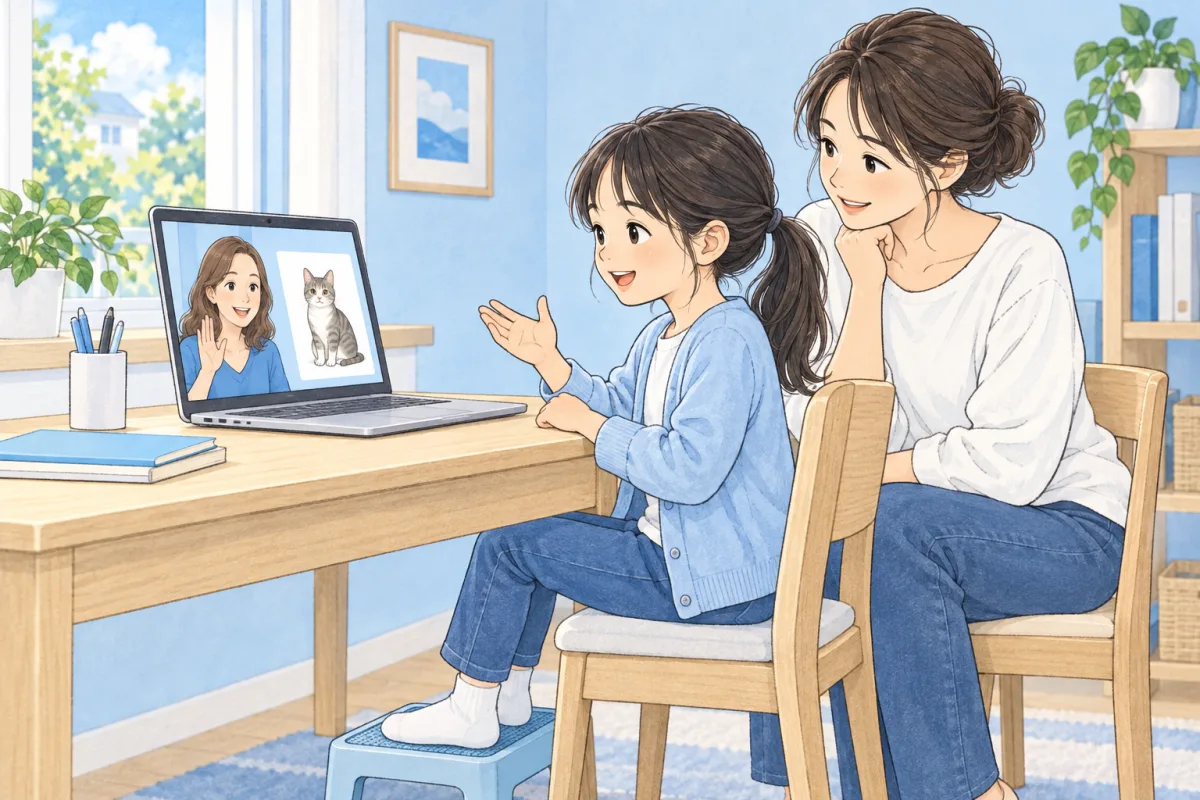 落ち着いた机で、画面の講師との会話を試す子どものイメージ