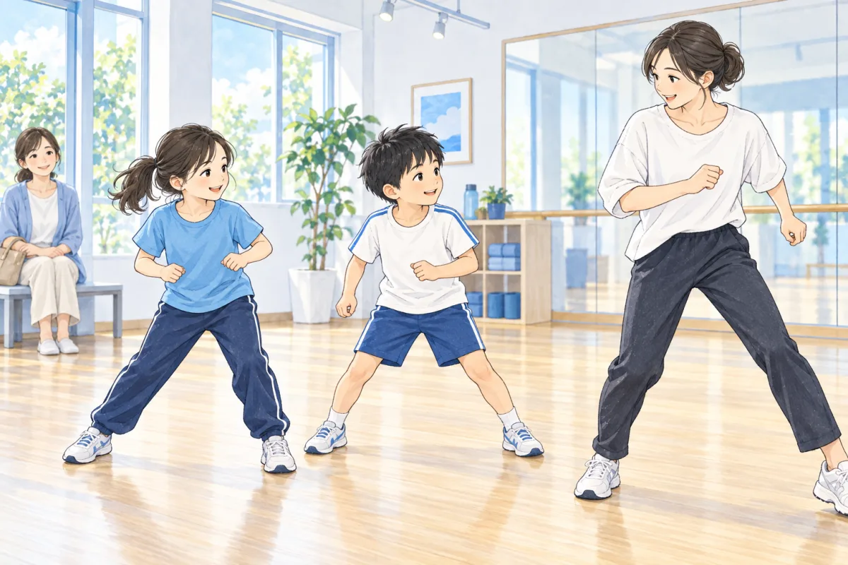先生と一緒に簡単なステップを試す小学生のイメージ