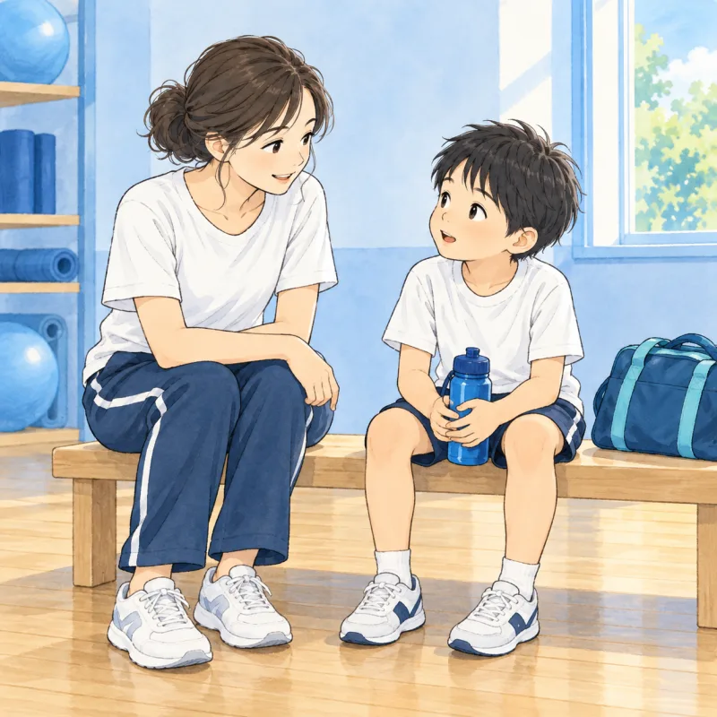 運動の休憩中、子どもの話を落ち着いて聞く大人のイメージ