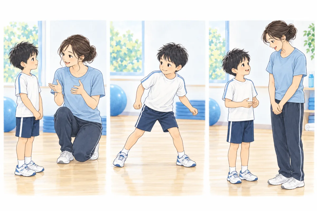 先生の話を聞き、簡単な動きを試し、話し合う子どもの場面を並べたイメージ