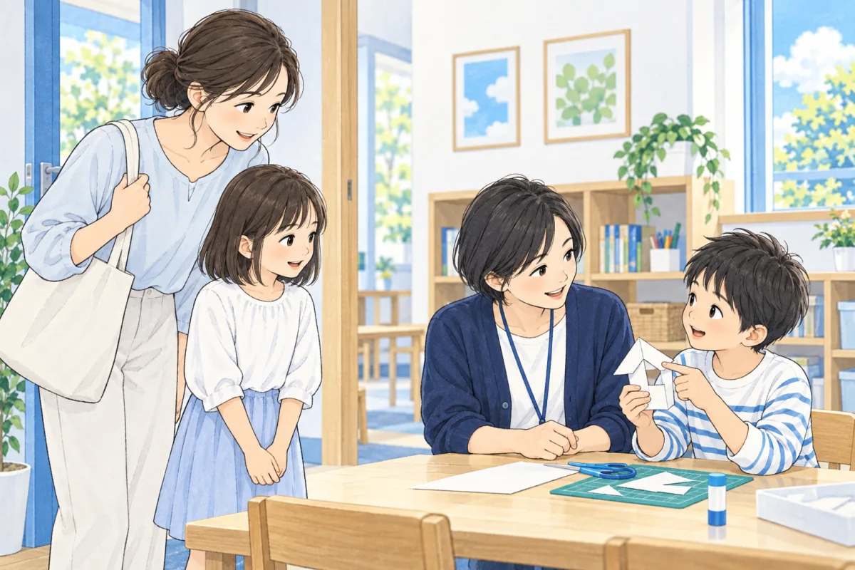 学童見学の親子が、スタッフと子どもの落ち着いたやり取りを見るイメージ