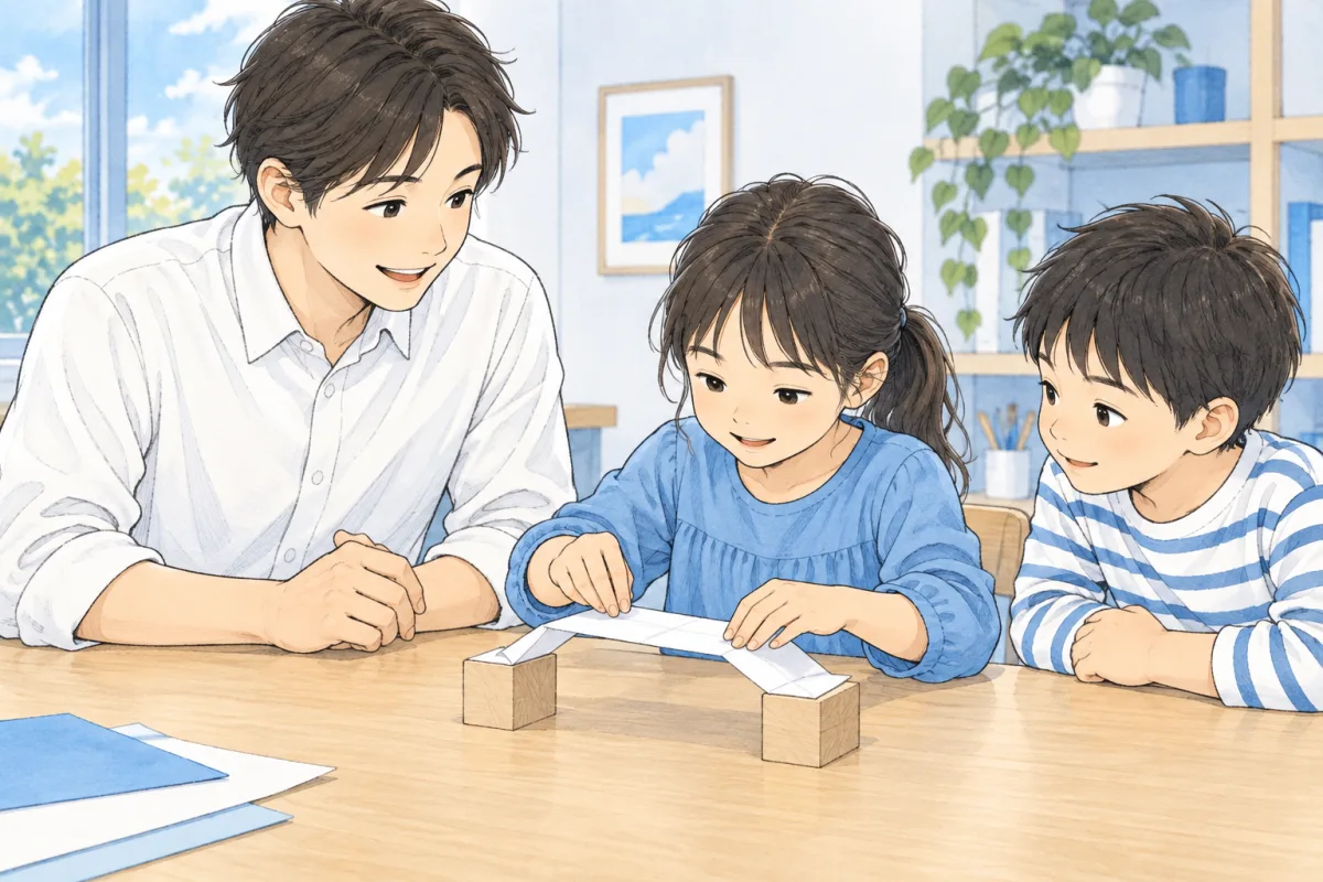 子どもが紙の橋を調整する手元を、そばで大人が見守るイメージ