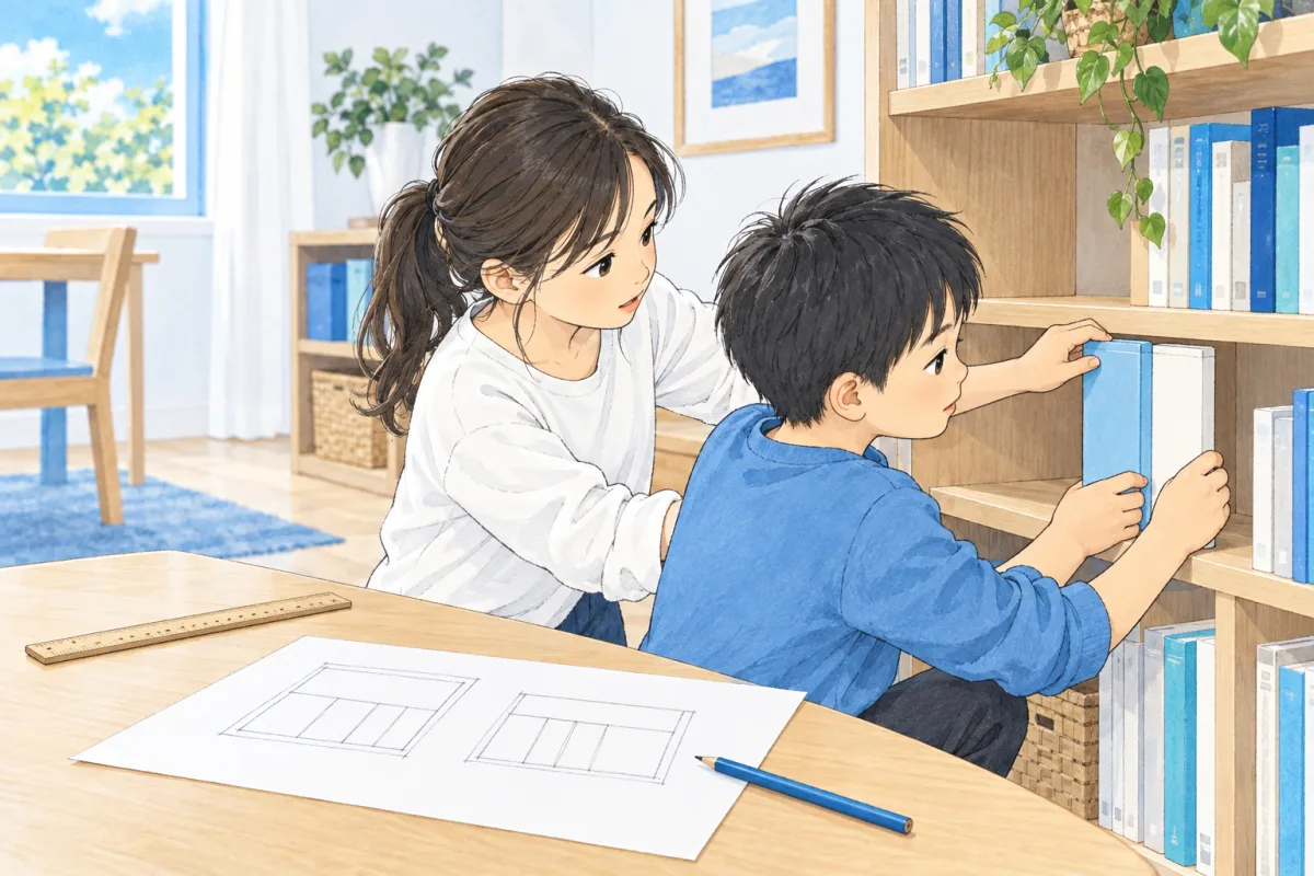 子どもたちが本棚に本を置き、使える広さや並べ方を確かめるイメージ