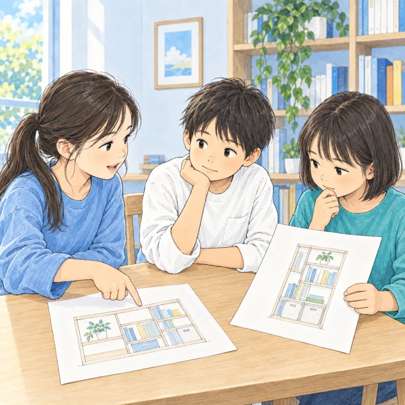三人の子どもが二つの本棚の案を見ながら、互いの考えを聞くイメージ