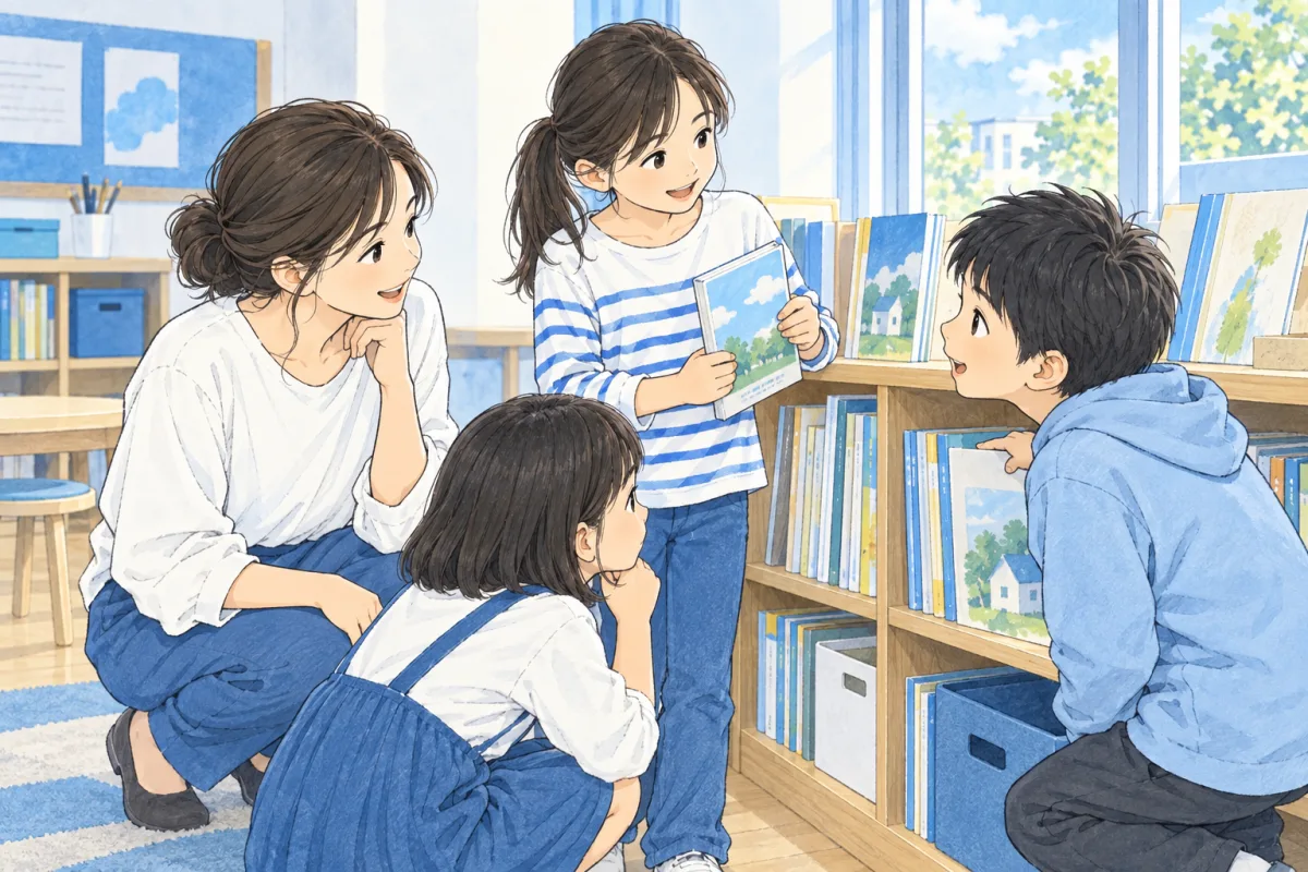 本棚の前で、子どもたちと大人が本の並べ方について考えるイメージ