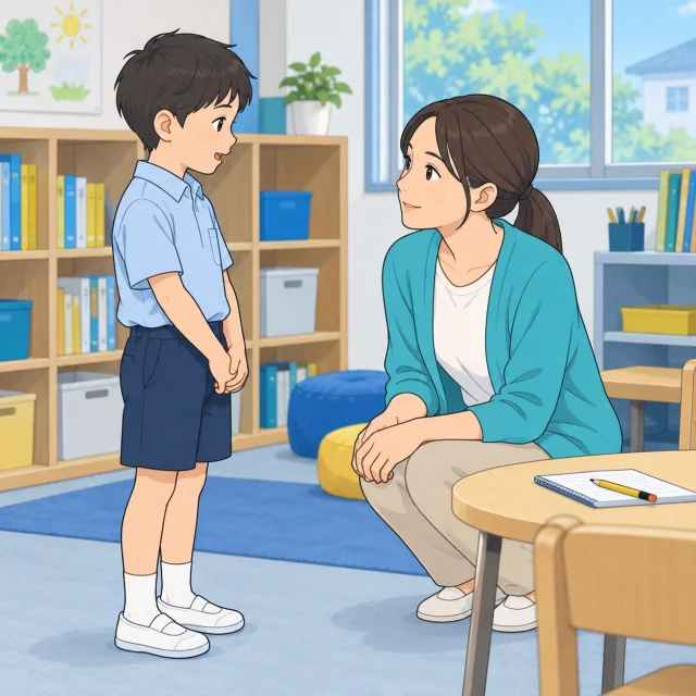 学童の部屋で、スタッフに声をかけて話を聞いてもらう子どものイメージ