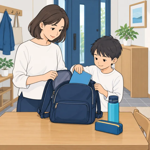 親子でかばんを開け、使う物をどこに入れるか確かめながら準備するイメージ