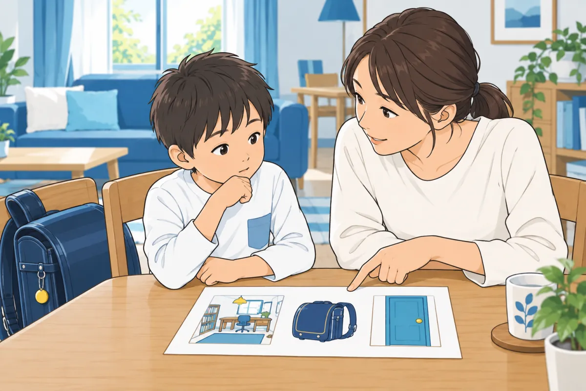 学童へ行く前、過ごす場所やかばんの絵を見ながら話す親子のイメージ