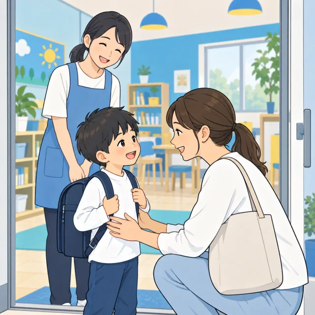 学童の入口で、スタッフと一緒に迎えに来た保護者に会う子どものイメージ