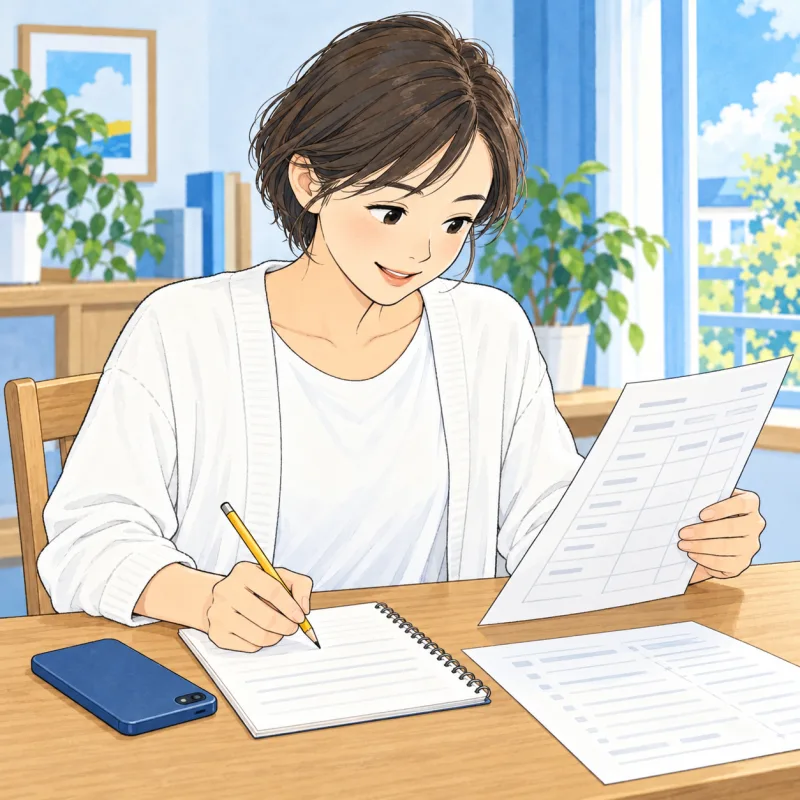 保護者が連絡先と案内の内容をノートで確認する創作場面