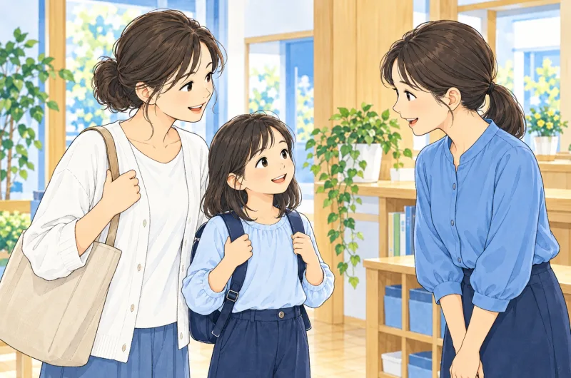 子どものそばで保護者とスタッフが引き渡しについて話す創作場面
