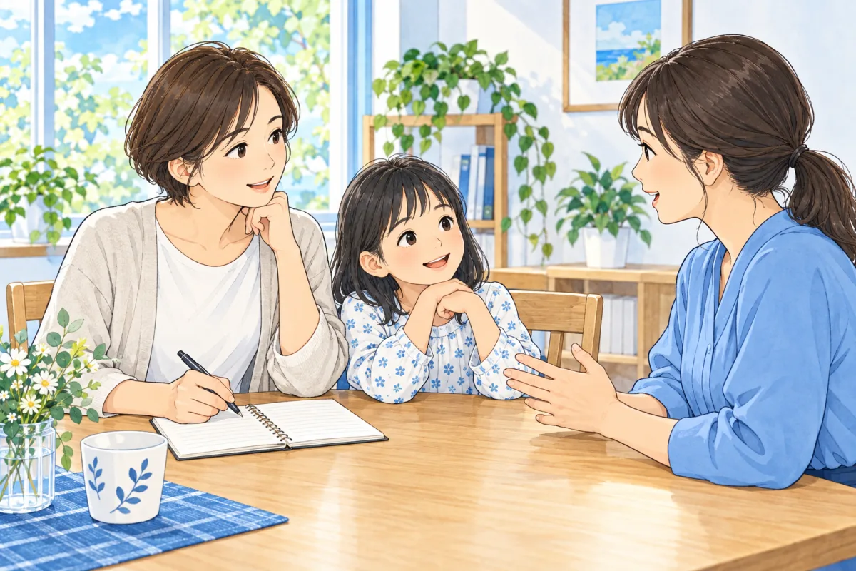 親子がスタッフと見学の質問について相談する創作場面