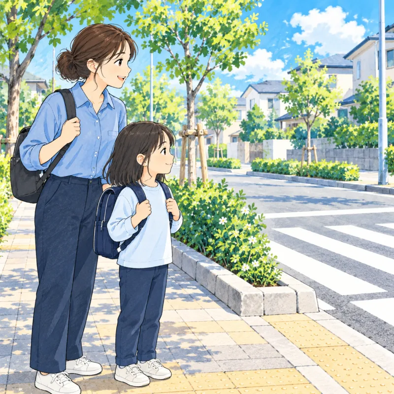 歩道で立ち止まりスタッフと周囲を見る小学生の創作場面