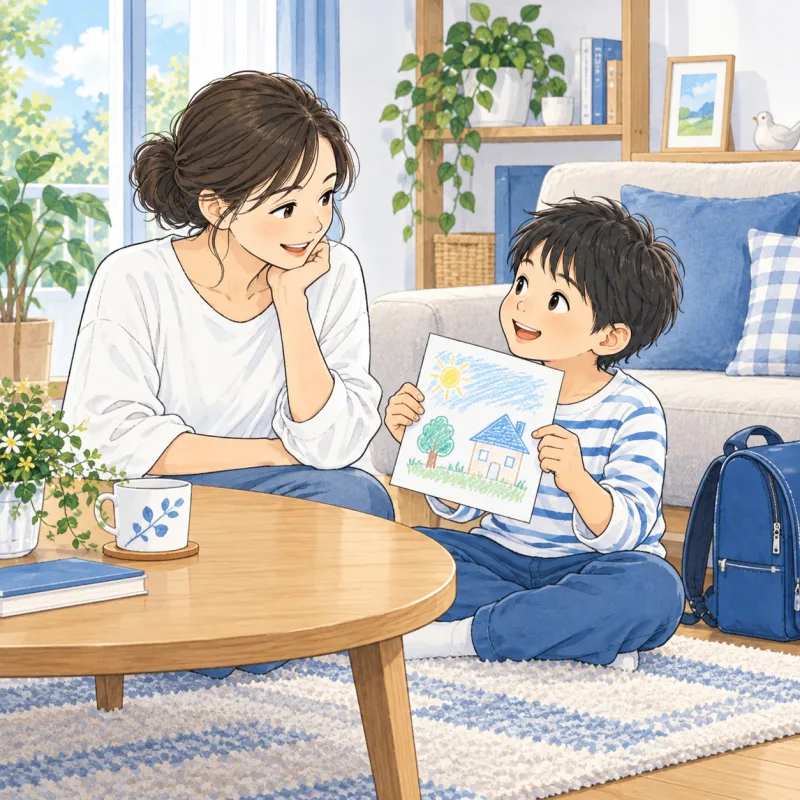 帰宅後、子どもが見せたい絵を眺めながらゆっくり話す親子の創作場面