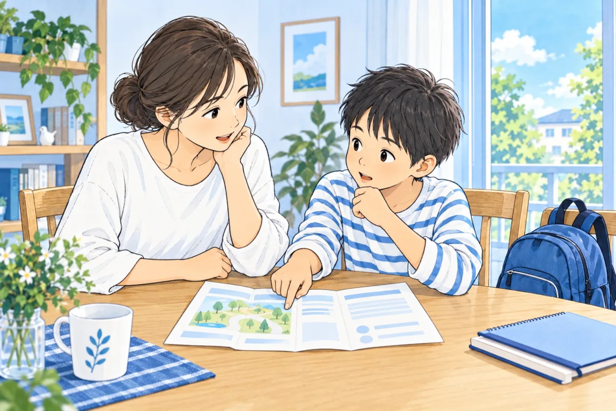 イベントの案内を前に、気になることを親子で話す創作場面
