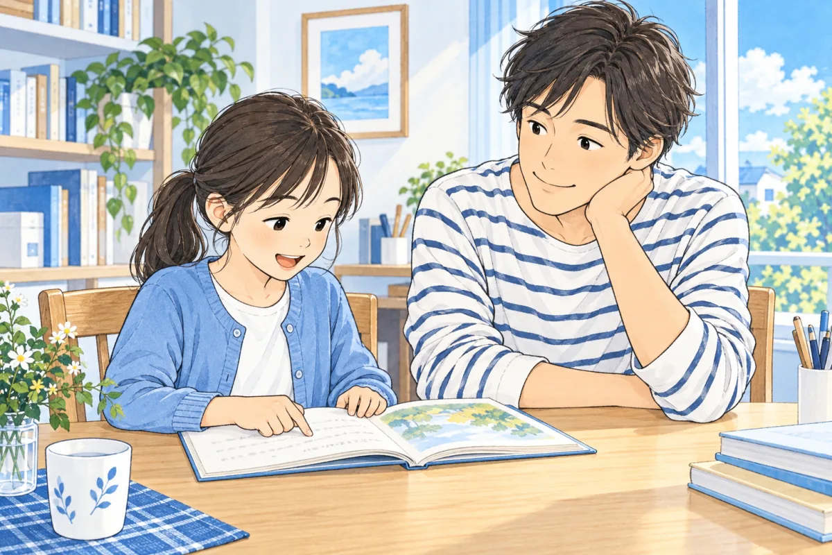 本を声に出して読む女の子と、隣でゆっくり聞く保護者のイメージ