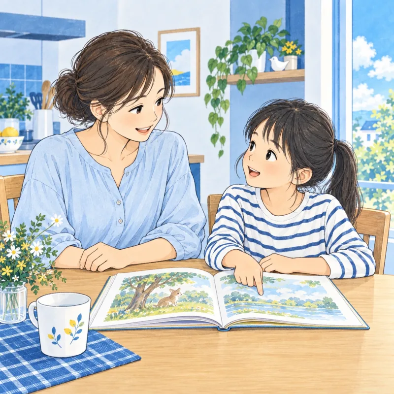 読んだ本を挟んで、感想を話す子どもと保護者のイメージ
