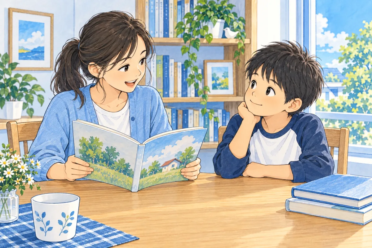 机を囲み、一人が本を読み、もう一人が聞いている子どもたちのイメージ