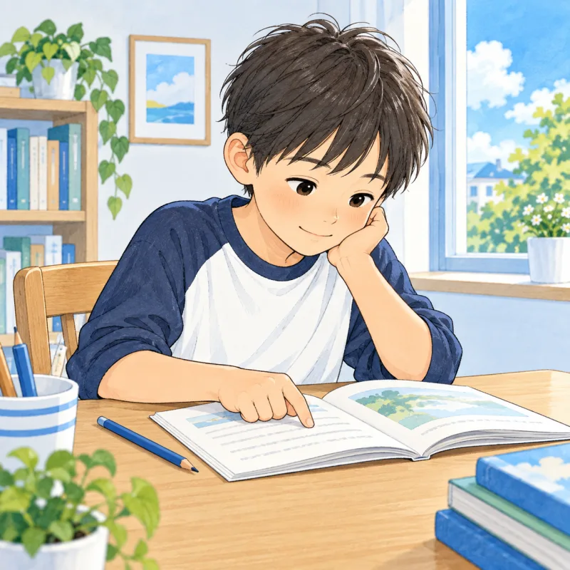 本の一行を指でたどり、言葉を確かめる小学生のイメージ