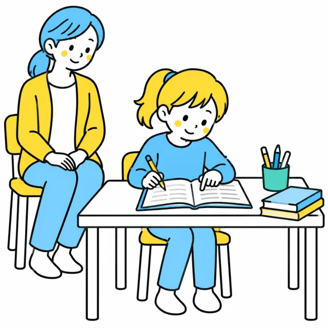 保護者に見守られながら、自分で問題と答えを確かめる子ども