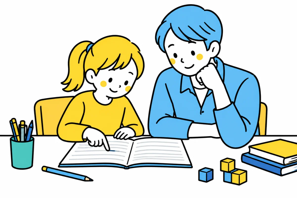 ノートを指して問題を読む子どもを、保護者が隣で見守る