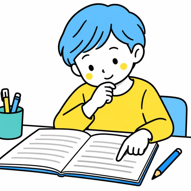 鉛筆を置き、問題の最後の一文を指して確かめる子ども